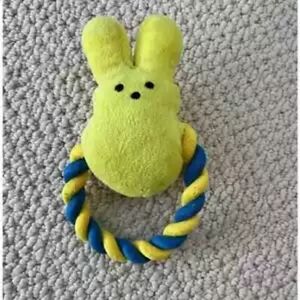 PEEPS Yellow Bunny Plush Small Dog Chew Toy 6 Rope Squeaker Fetch For Pets